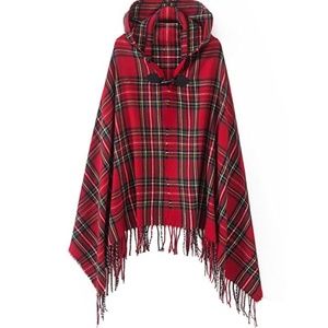 Red Plaid Shawl/ Cape With Hood
